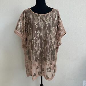 Bob Mackie Tunic Top 2X Plus Mesh Sequin Dressy Glam Beige Short Sleeve Sheer